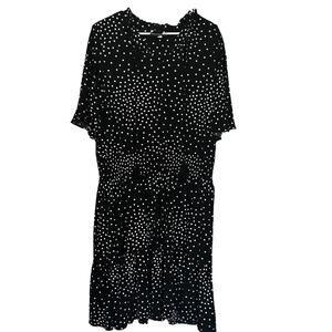 Maison Tara Dress 16 Polka Dot Black White Short Sleeve Elastic Waist Knee